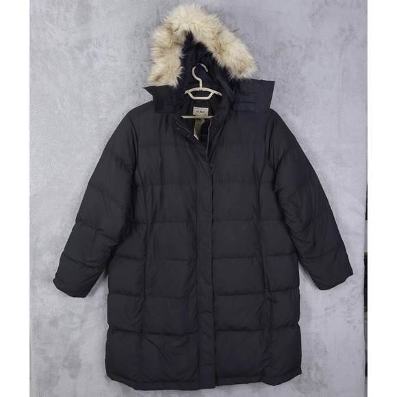 L.L.Bean Down Puffer Long Parka Coat Womens 3X Plus Black Faux Fur Hood DownTek - Picture 1 of 15